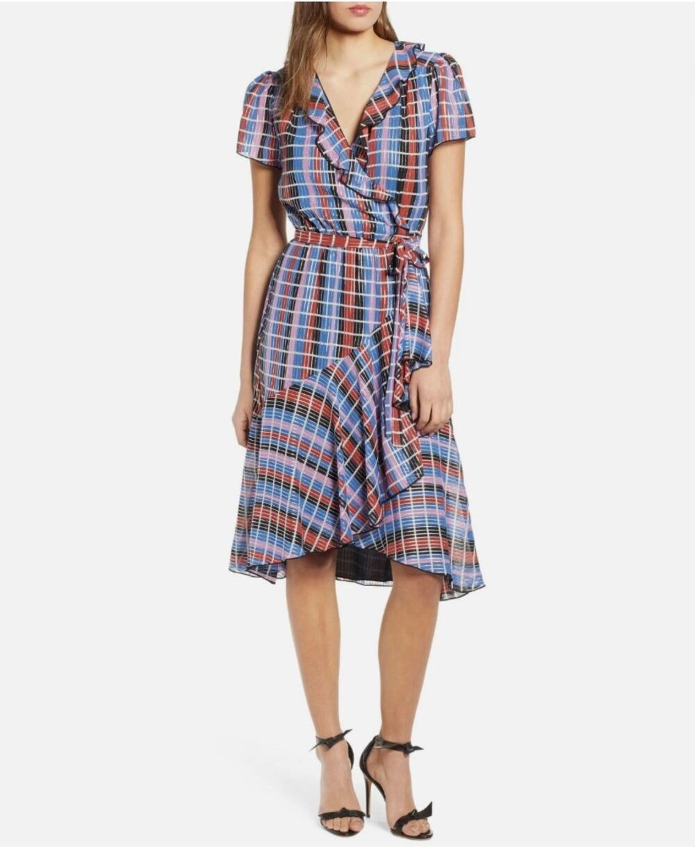 WAYF Womens L Blue Sutton Metallic Check Print Ruffled Wrap Midi Dress NEW